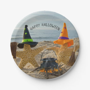 starfish witches with brooms on seashore paper plate