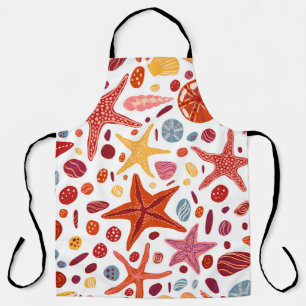 Starfishes, shells and stones flat hand drawn vint apron