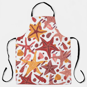Starfishes, shells and stones flat hand drawn vint apron