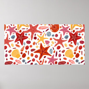 Starfishes, shells and stones flat hand drawn vint poster