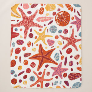 Starfishes, shells and stones flat hand drawn vint sherpa blanket