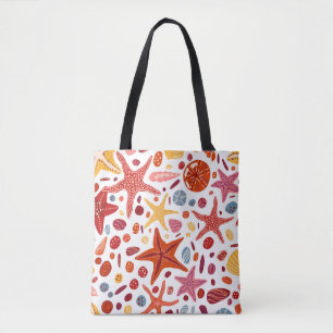 Starfishes, shells and stones flat hand drawn vint tote bag