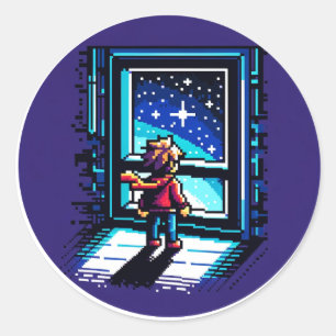 Stargazer at the Window Dreamy Pixel Art Night Sky Classic Round Sticker