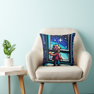 Stargazer at the Window Dreamy Pixel Art Night Sky Cushion