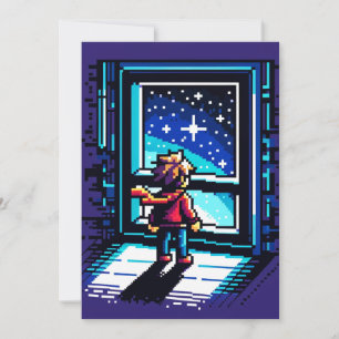 Stargazer at the Window Dreamy Pixel Art Night Sky Holiday Card