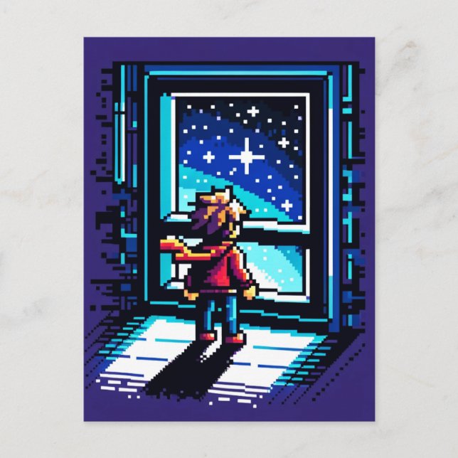 Stargazer at the Window Dreamy Pixel Art Night Sky Postcard (Front)
