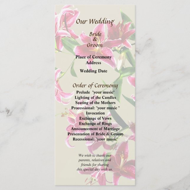 Stargazer Lilies Heart Wedding Program (Front)