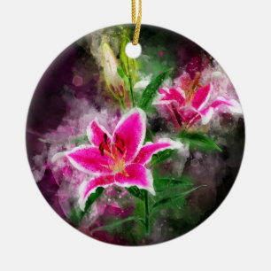 Stargazer Lily flower watercolor - bb 02 Ceramic Ornament