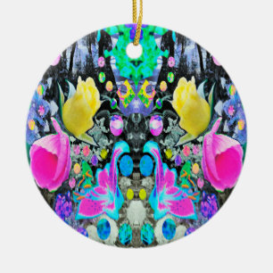 Stargazer Lily, Rose and Pink Hibiscus Collage Ceramic Ornament