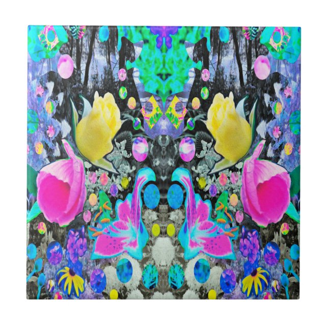 Stargazer Lily, Rose and Pink Hibiscus Collage Ceramic Tile (Front)