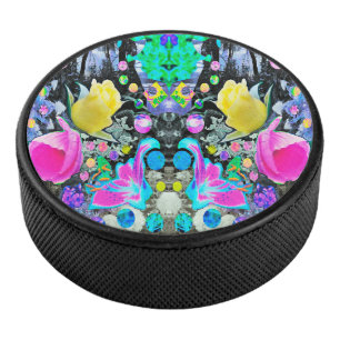 Stargazer Lily, Rose and Pink Hibiscus Collage Hockey Puck