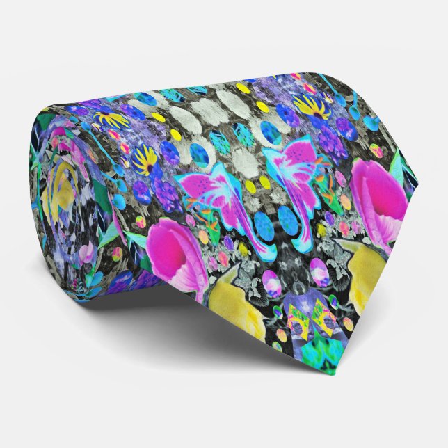 Stargazer Lily, Rose and Pink Hibiscus Collage Tie (Rolled)