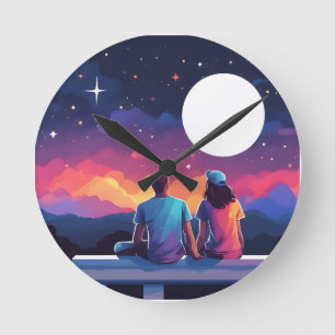Stargazing Couple Round Clock
