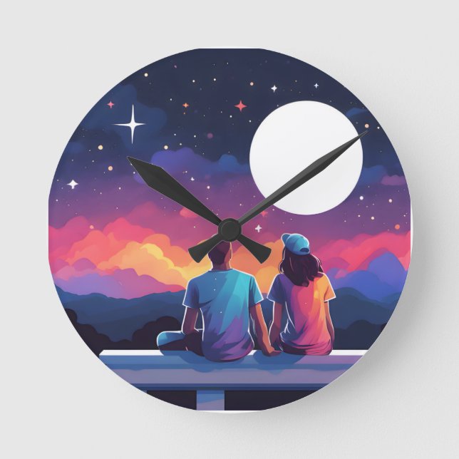 Stargazing Couple Round Clock (Front)