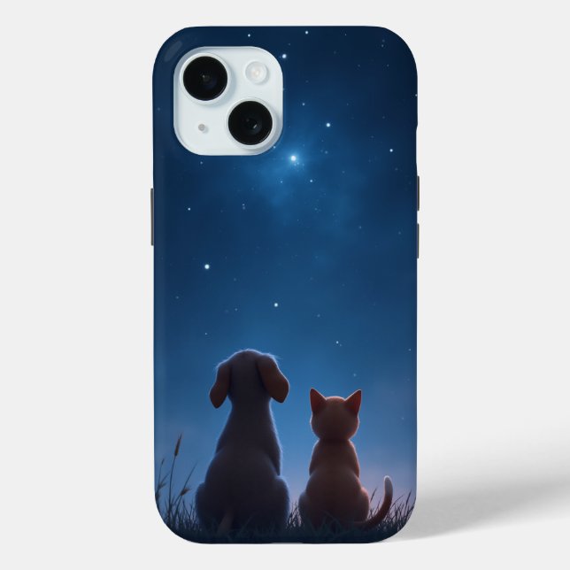 Stargazing Puppy & Kitten iPhone 15 Case (Back)