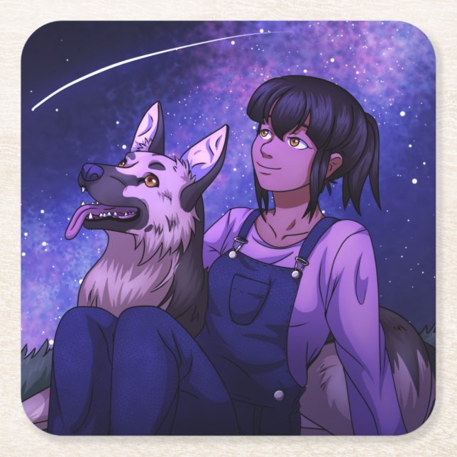 Stargazing with a Dog Square Paper Coaster (Front)