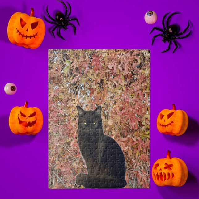 Staring Black Cat Photo with Orange Autumn Leaves Jigsaw Puzzle (Creator Uploaded)