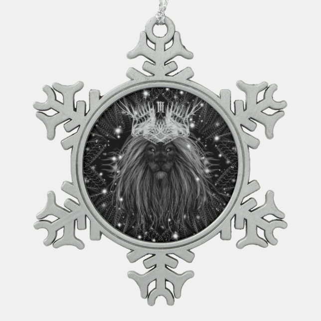 Starlight Lion with Crown Monogram Snowflake Pewter Christmas Ornament (Front)
