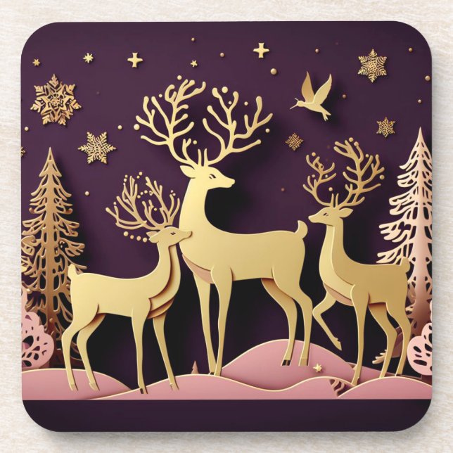 Starlight Stags – Dreamlike Holiday Pattern Coaster (Front)