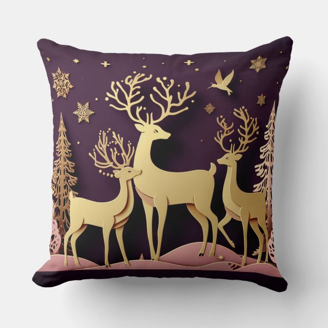 Starlight Stags – Dreamlike Holiday Pattern Cushion (Front)