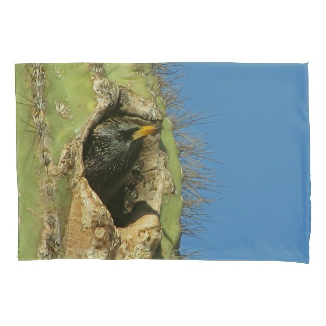 Starling in Saguaro Cactus Photo Southwest Bird Pillowcase (Front)