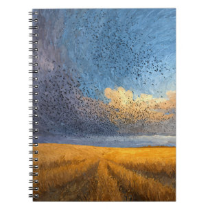 Starlings Over Golden Field Evening Sky Art Notebook