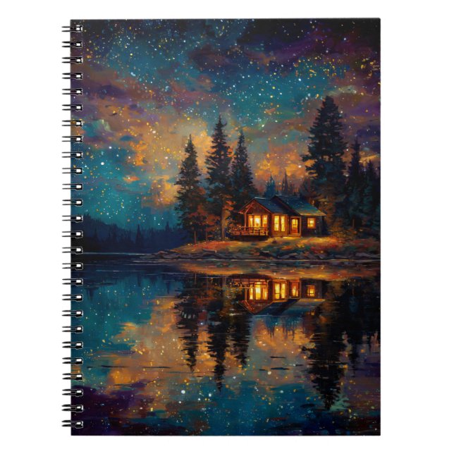 Starlit Cabin Reflections Dreamy Lake Notebook (Front)