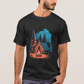 Starlit Camping Tent, Campfire and Pine Trees Adve T-Shirt