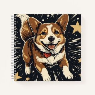  Starlit Corgi – Celestial Linocut Charm Notebook