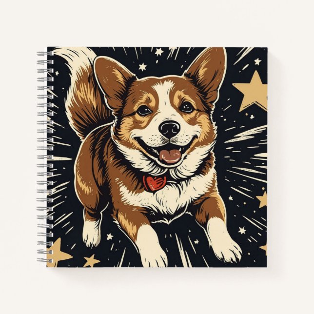  Starlit Corgi – Celestial Linocut Charm Notebook (Front)