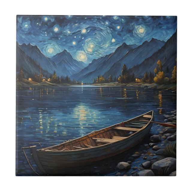 "Starlit Drift: Fishing Under the Cosmos Ceramic Tile (Front)