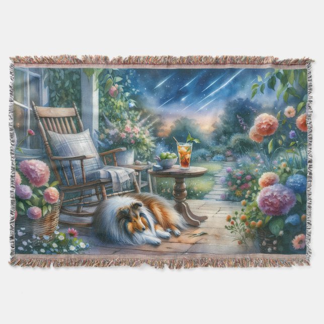 Starlit Garden Porch Sheltie Dream Throw Blanket (Front)