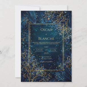 Starlit Navy Gold Botanical Wedding Invitation