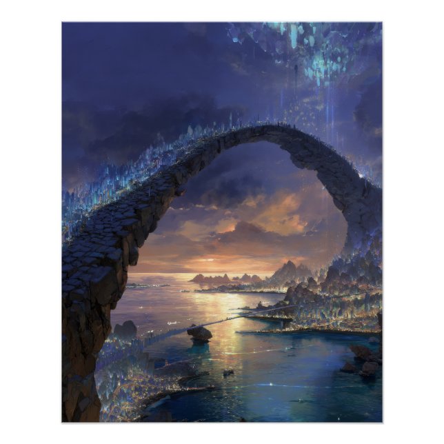 Starlit Ocean Archway Fantasy Sunset Art Poster (Front)