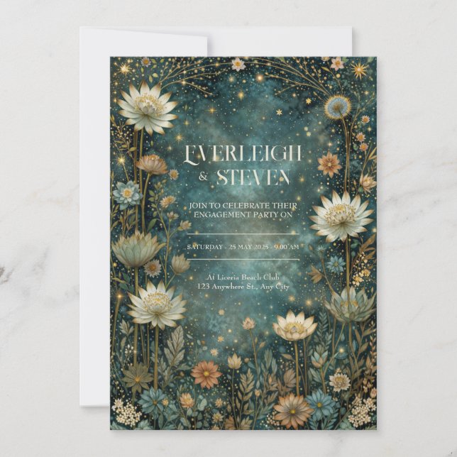 Starlit Teal Celestial Astrantia Wedding Invitation (Front)