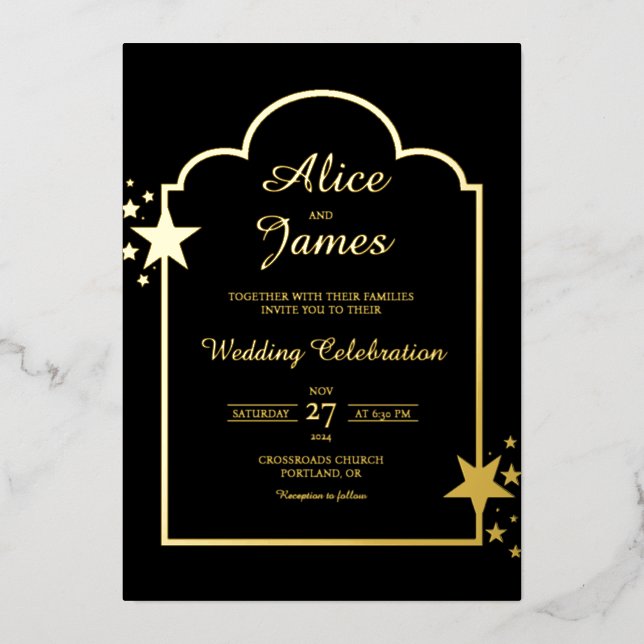 Starry Arch Frame Elegant Black Gold Foil Wedding (Front)