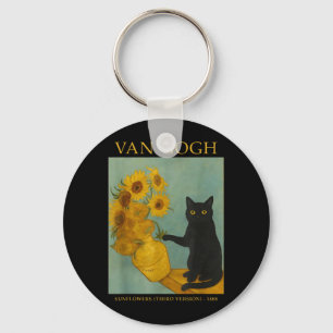 Starry Art Black Cat With Suowers Key Ring
