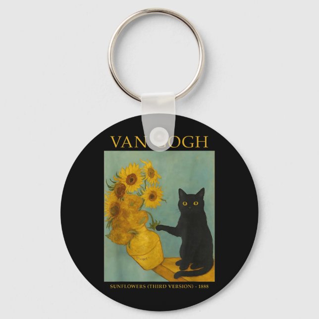 Starry Art Black Cat With Suowers Key Ring (Front)