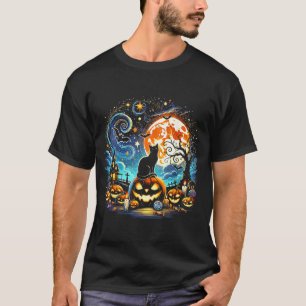 Starry Art Night Sky Art Halloween 2024 Black Cat T-Shirt