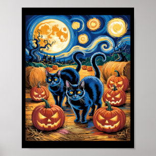Starry Art Style Black Cats Halloween Pumpkin 1 Poster