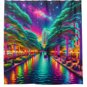 “Starry Aurora: San Antonio Riverwalk Nightscape” Shower Curtain