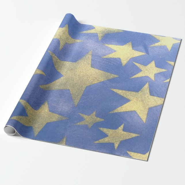 Starry Blue and Gold Wrapping Paper (Unrolled)