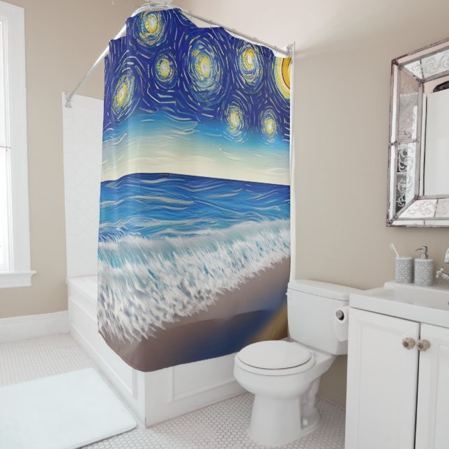 Starry Blue Beach Waves Shower Curtain (In Situ)