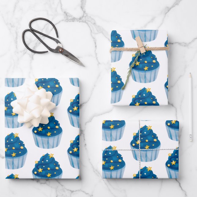 Starry Blue Cupcake Gift Wrap Fun & Festive  (Front)