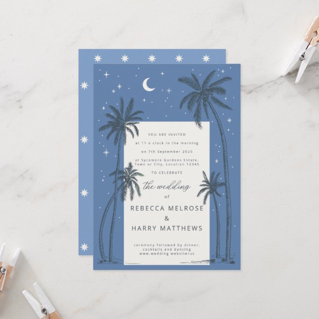 Starry blue Palm Trees boho wedding invitation  (Front/Back In Situ)