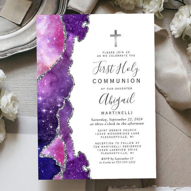Starry Blue Pink Agate Silver First Holy Communion Invitation (Creator Uploaded)