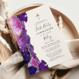 Starry Blue Pink Agate Silver First Holy Communion Invitation