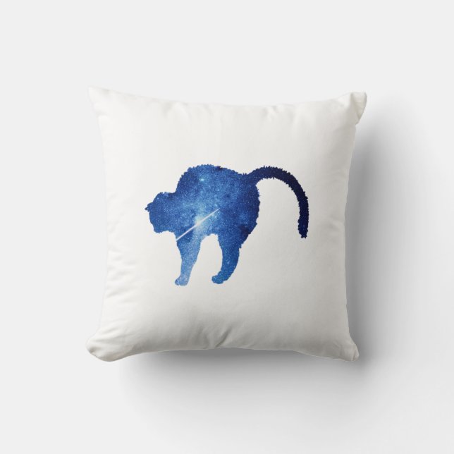 Starry blue shooting star cat white throw pillow (Front)