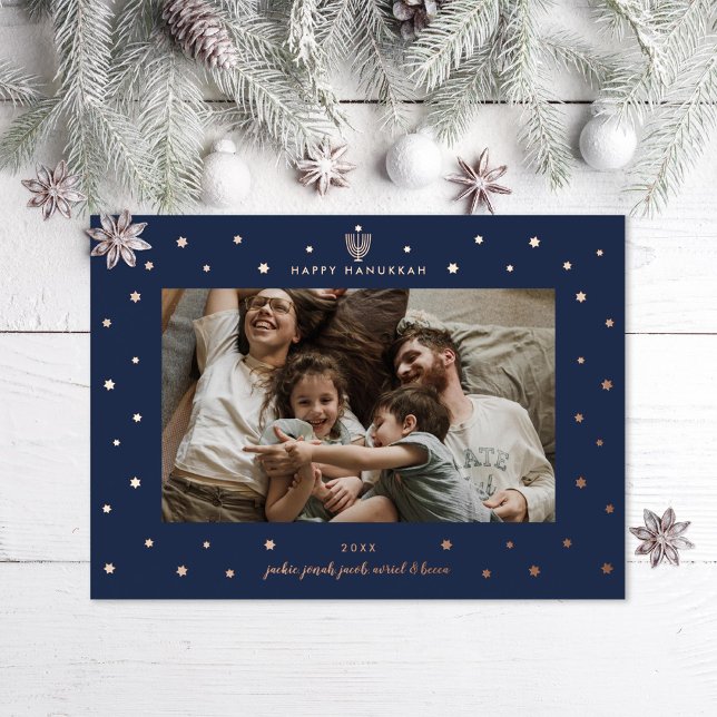 Starry Border Menorah Hanukkah Photo Foil Holiday Card (Creator Uploaded)