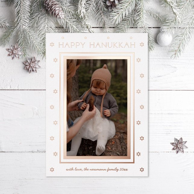 Starry Border Minimal Hanukkah Photo Foil Holiday Card (Creator Uploaded)